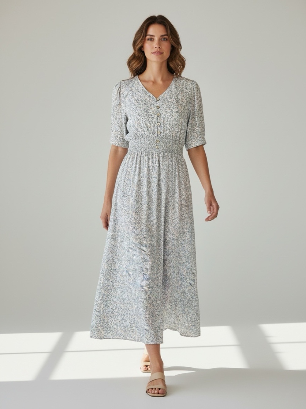 Love, Olive Co. Light Grey Floral Grey Button-Front Maxi Dress